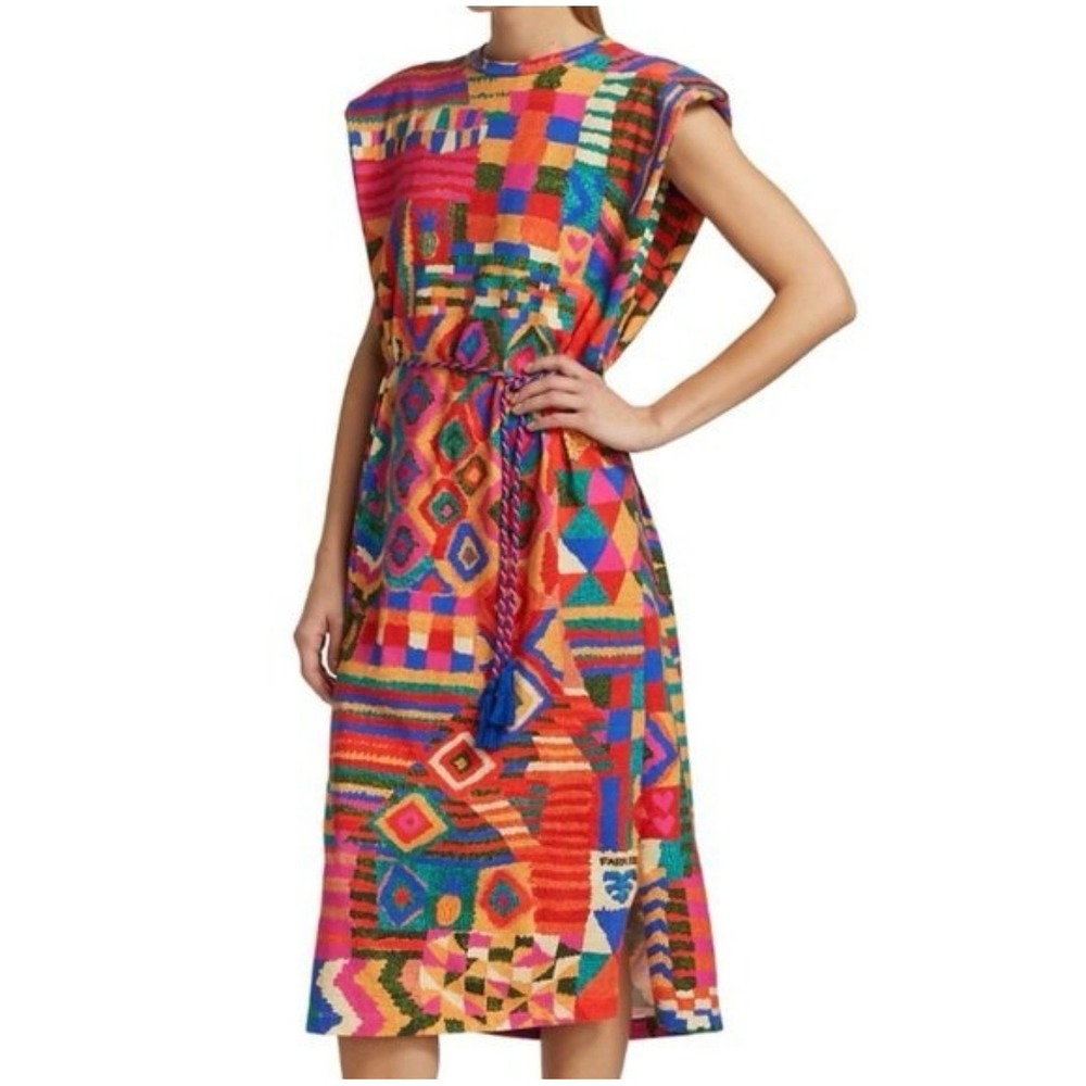 Farm Rio Patchwork Print Sleeveless Midi Dress Multi-Color Braided Tassel Belt - Picture 11 of 12